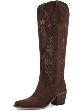 Women's Chocolate Cowboy Boots Knee High with Pointed Toe Chunky Heel Floral